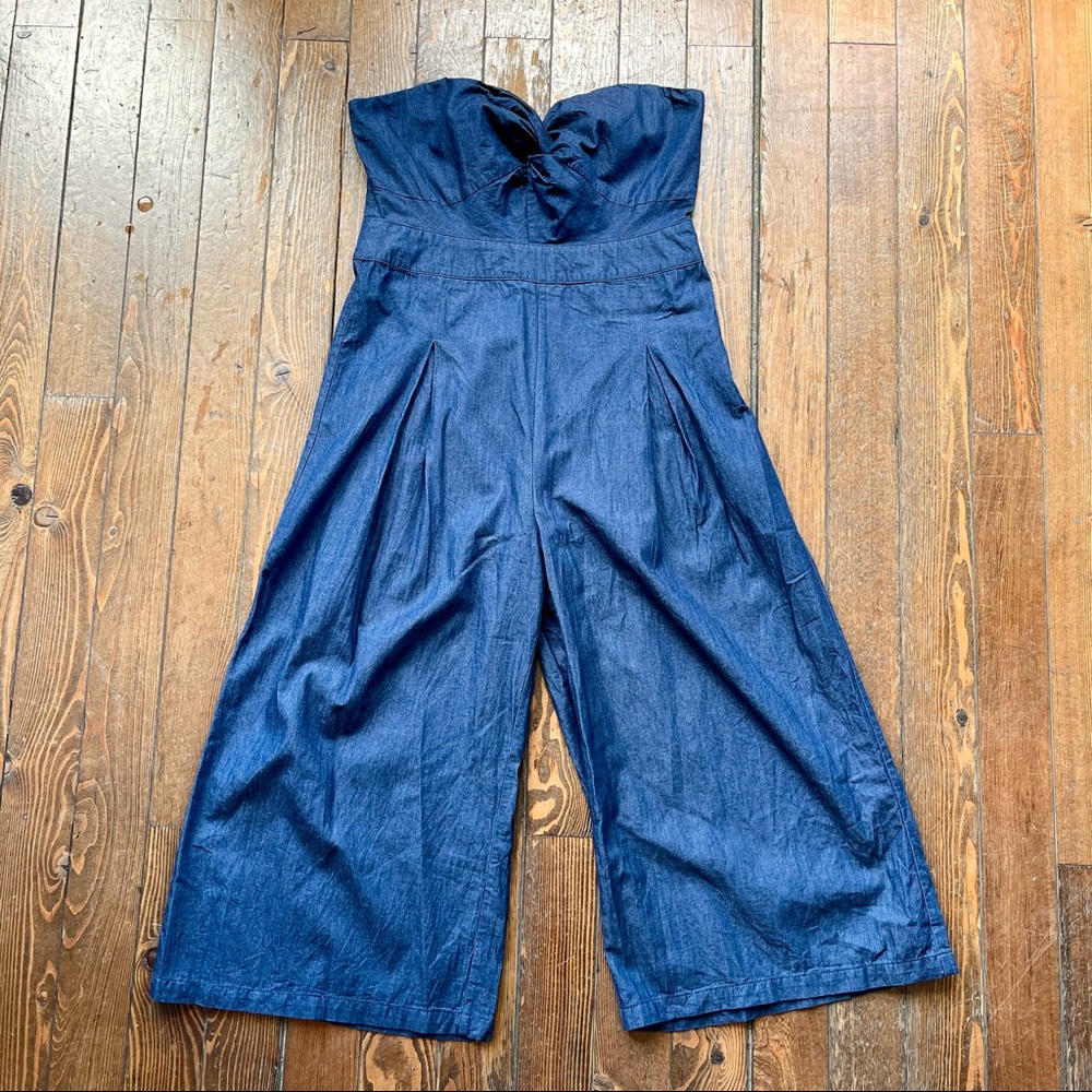 Denim strapless wide leg jumpsuit romper